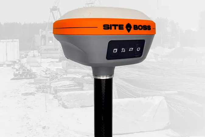 SiteBoss GPS rover in front of construction site with site prep work being done