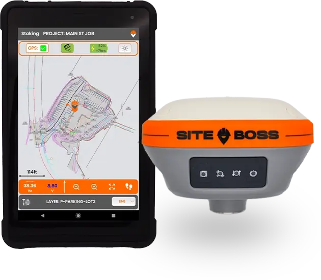 SiteBoss GPS rover with tablet showing project staking screen in the SiteBoss app