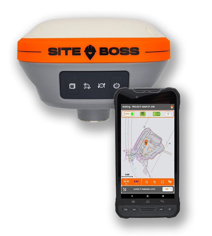 SiteBoss GPS rover and mobile device with SiteBoss app project staking screen